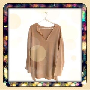 Beige V Neck Long Sleeve Lightweight Top, Bust 44”